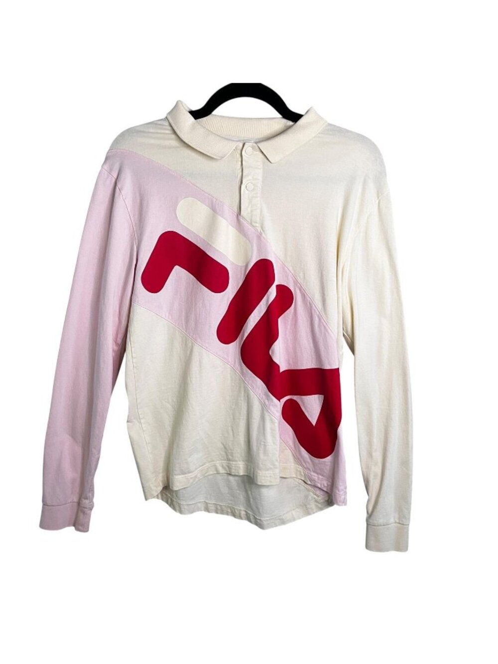 FILA Shirt Mens Small Cream Pink Y2K Long Sleeve Polo Diagonal Graphic Logo Snap